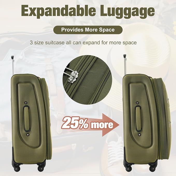 Merax Softside Luggage Set 3 Piece Suitcase with Duffel Bag Spinner Wheels | Lightweight Expandable Travel Luggage 22" 26" 30",Army Green - Image 4