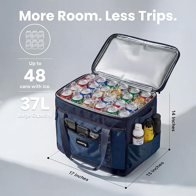 SMIRLY 48 Cans Soft Cooler Bag, Large Collapsible Leakproof Ice Chest | Portable Cooler with Multiple Pockets, Padded Handle and Wipe-Clean Lining for Camping, Beach, Travel, Picnic, Grocery, Car - Image 2