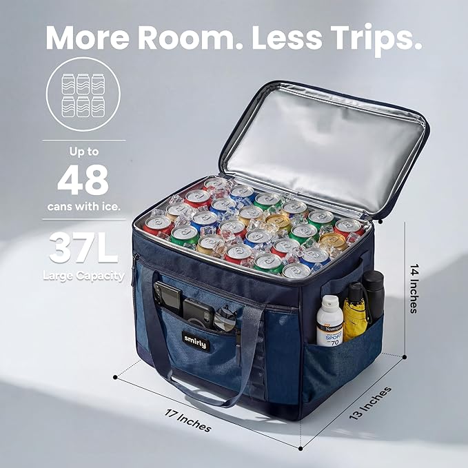 SMIRLY 48 Cans Soft Cooler Bag, Large Collapsible Leakproof Ice Chest | Portable Cooler with Multiple Pockets, Padded Handle and Wipe-Clean Lining for Camping, Beach, Travel, Picnic, Grocery, Car - Image 2