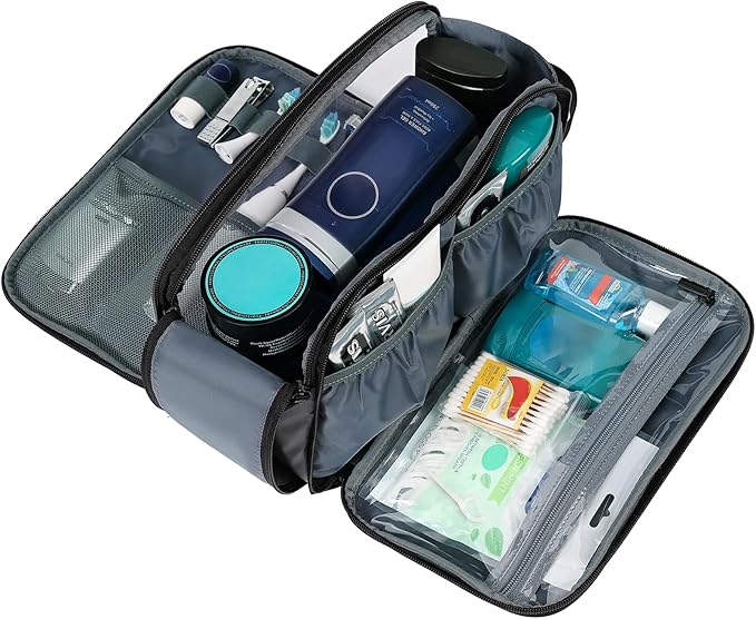 ZEEMO Travel Toiletry Bag for Men, Medium Water-Resistant Double-Sided Full-Open Dopp Kit, Versatile Organizer for Shower and Hygiene Accessories, Bathroom Essentials, Cosmetics, Large, Grey