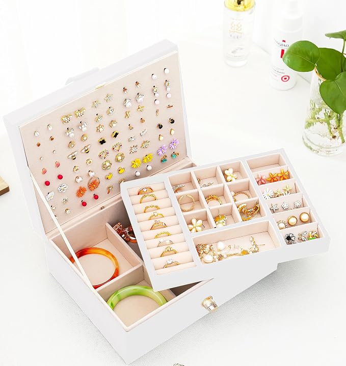 QBestry Jewelry Box for Women Girls, 105 Holes Stud Earring Organizer Storage Case with Removable Dividers, 2-Layer White Leather Jewelry Organizer for Earrings Rings Necklaces Bracelet, Gift for Teen - Image 9