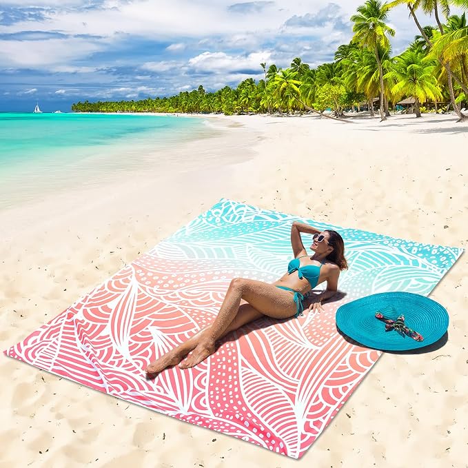 HIHOHO Beach Blanket Waterproof Sandproof Beach Mat for 1-8 Adults Quick Drying Durable Outdoor Picnic Mat for Beach Festival Travel Camping Hiking (Gradiant P&GN-Ripple, 79"×83"(4 Person)) - Image 3