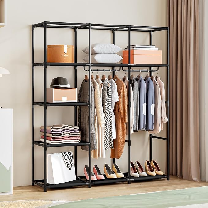 SORCEDAS Portable Wardrobe Closet Storage Organizer Metal Hanging Rack Non-Woven Fabric (Black, 51 Inch) - Image 3