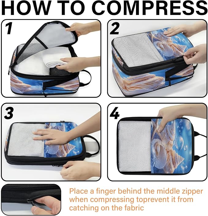 Seashell Compressible Packing Cubes for Suitcase 6 Set Lightweight Expandable Compression Packing Travel Luggage Organizer - Image 4