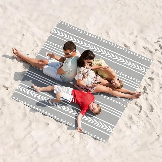 Beach Blanket Waterproof Sandproof, 9x10 FT Extra Large Beach Mat for 2-4 Adult with Stakes & Storage Bag, Sand Free Lightweight Outdoor Picnic Blankets for Travel, Camping, Hiking-Gray Geometry - Image 5