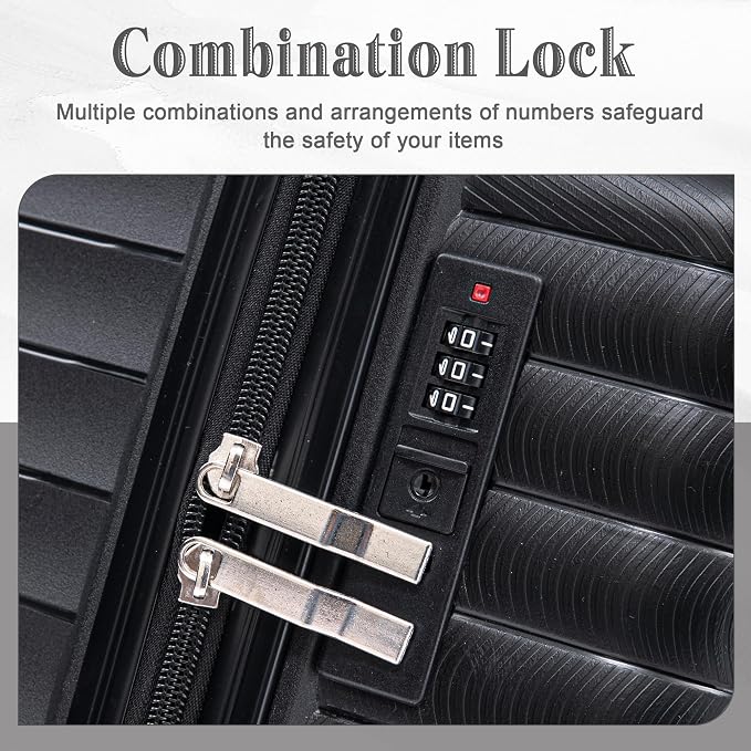 4-Piece PP Hardshell Luggage Set with 14" Cosmetic Case, 20"/24"/28" Spinner Suitcases, Carry On with Iron Telescopic Handle, Combination Lock, 360° Double Silent Wheels, Waterproof Travel Set, Black - Image 6