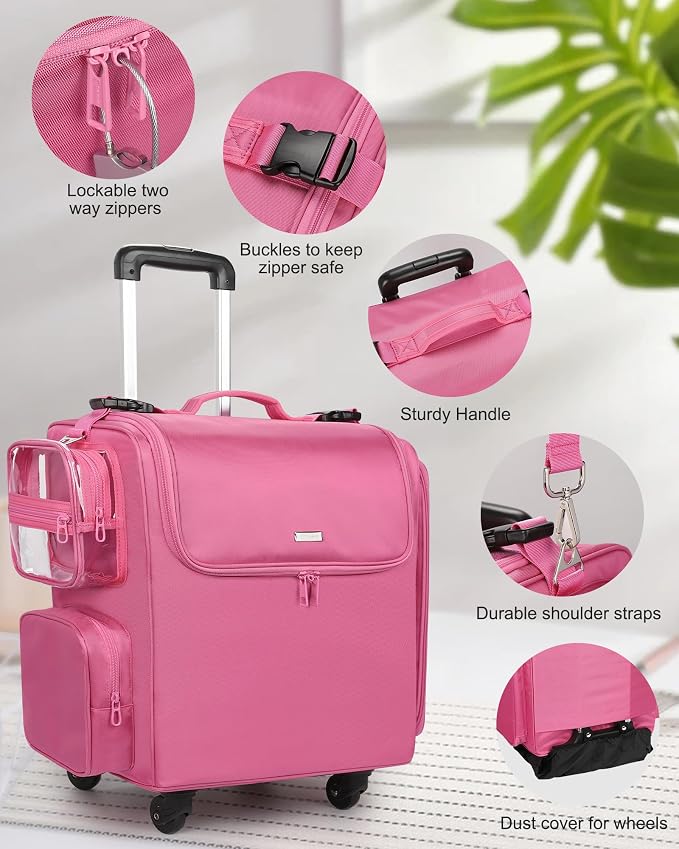 Relavel Rolling Makeup Train Case, Hairstylist Traveling Bag with 4 Wheels, Heat Insulation Full Layer, Adjustable Dividers, Hair Tools and Cosmetics Storage Organizer Trolley Suitcase, Rose Pink - Image 8