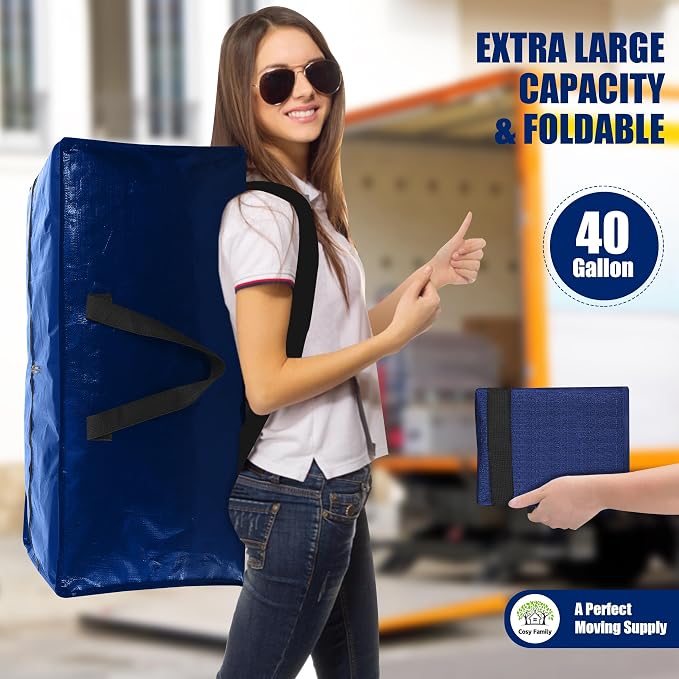 Cosy Family 8 Pack Heavy Duty Extra Large Moving Bags with Backpack Straps - Strong Handles & Zippers, Storage Totes For Space Saving, Fold Flat, Alternative to Moving Box (40 gal, Blue) - Image 7
