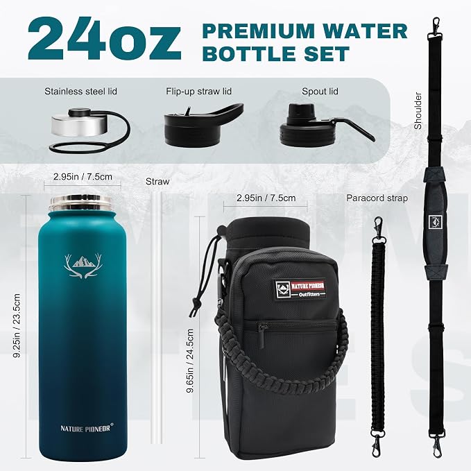 NATURE PIONEOR 24 oz Insulated Water Bottle with Carrier Bag & 3 Lids | 18/8 Food-grade Stainless Steel, Double Vacuum Insulation, 3 Leak-proof Lids, Strap, Camping, Hiking, Gym, Work - Image 6