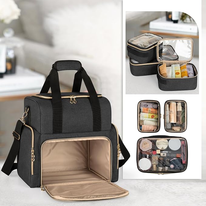 LUXJA Large Travel Makeup Bag with 3 Removable Cases, Cosmetic Bag with Detachable Dividers (Patent Pending), Black - Image 3