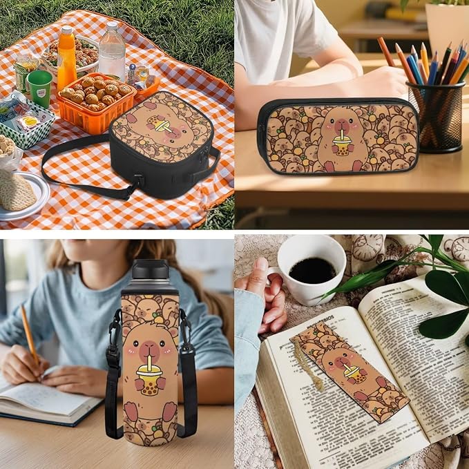 Capybara Backpack Kids School Backpack with Lunch Box Water Bottle Sleeve and Pencil Case Bookmark Matching 5 in 1 Bookbag Set for Girls Boys Back to School Gifts - Image 5