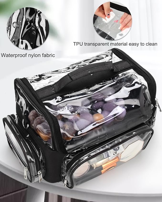 Makeup Brush Bag, Makeup Brush Case for Makeup Artist with Plastic Dividers Washable, Portable Travel Makeup Train Case with Clear Waterproof Cover for Easy to Clean and Find with Adjustable Strap - Image 4