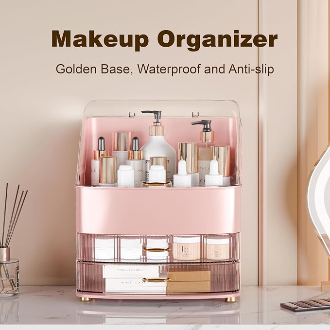 Makeup Organizer Countertop Vanity with Transparent Lid Drawers Waterproof Dustproof Cosmetic Skincare Bathroom Storage Gift for Women Teens Girls (Pink) - Image 2