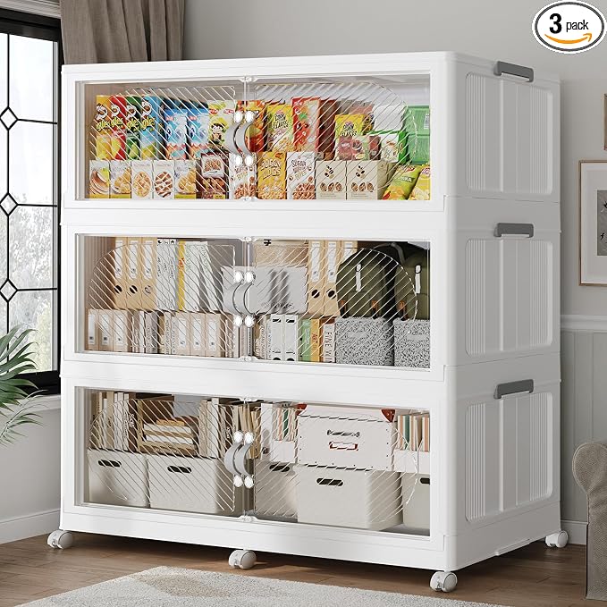 180Gal/720QT 3-Tiers Extra Large Stackable Storage Bins with Lid, Collapsible Cabinet Closet Organizer Plastic Container Box with Wheels Doors Drawers for Office Dorm Kitchen Office, White by Unknown