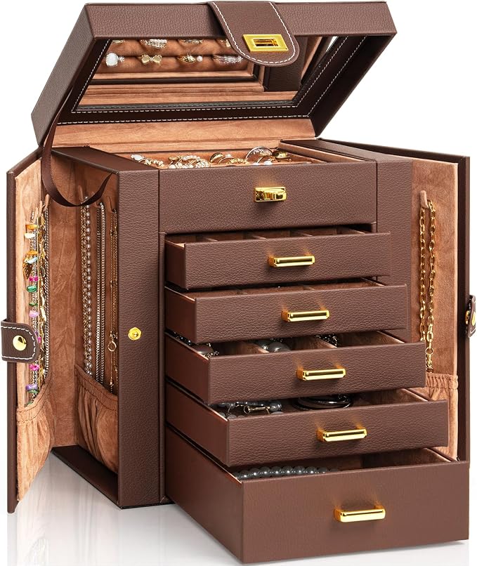 AKOZLIN 6-Tier Jewelry Box Organizer Functional 5 Drawers Leather Jewelry Storage Case for Women Girls Ring Necklace Earring Bracelet Holder Organizer with Mirror Brown Regular by AKOZLIN