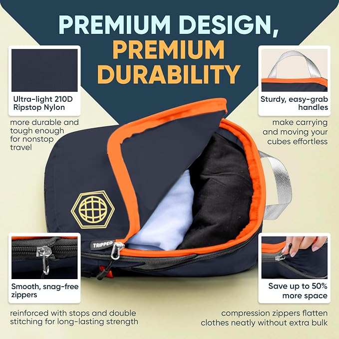 Large Compression Packing Cubes for Travel-Packing Cube Luggage Organizers 7 Piece Set for Checked Luggage-Ultralight, Expandable/Compression Bags by TRIPPED Travel Gear (Grey/Orange) - Image 8