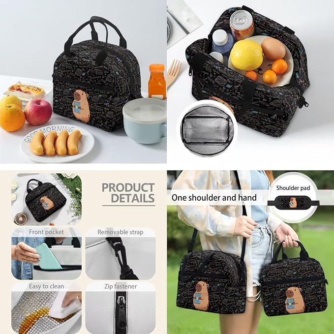 Black Capybara Print Kids Backpacks for Elementary School Bookbag Set with Lunch Bag and Pencil Pouch, Set 3 in 1 Back to School Supplies - Image 3