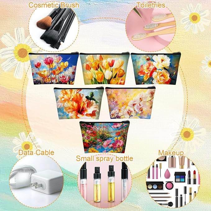 Sweetude 12 Pcs Oil Painting Flowers Makeup Bag Bulk Portable Flower Travel Cosmetic Bags with Zipper Retro Floral Waterproof Roomy Travel Toiletry Organizer Storage Beauty Pouch for Women Gifts - Image 4