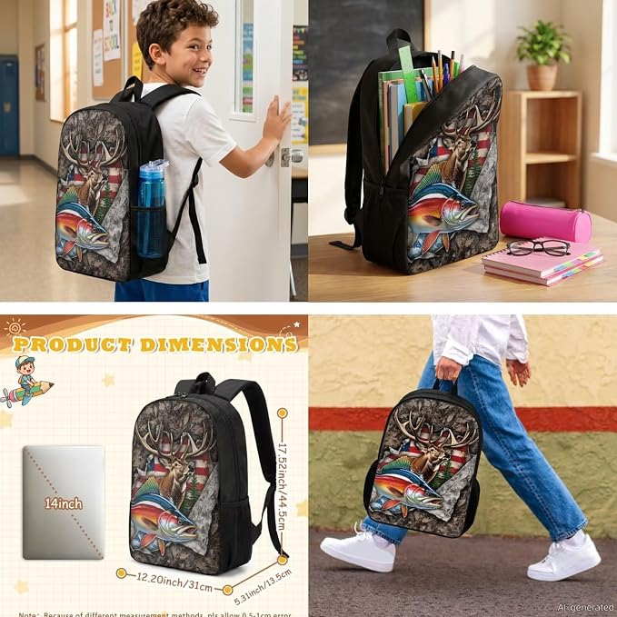 GIFTPUZZ 4 Piece Camo Deer Fish American Flag Backpack Set for Kids | Patriotic Bookbag with Lunch Box for Boys Elementary School, Zip up Pencil Case, Water Bottle Sleeve, Summer Camp, Ages 6-8 - Image 2