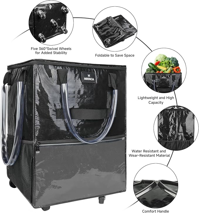 Large Reusable Grocery Bag On 5 Wheels, 130L Foldable Rolling Tote Bag, Rolling Shopping Cart Bag with 3 Handles & Multiple Pockets, Zippered Closure for Laundry Moving Travel Camping, Black - Image 5