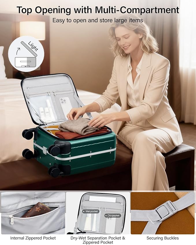 Hanke 16 Inch Underseat Carry On Suitcases with Wheels,Lightweight Hard Shell Carry on Luggage for Weekender,Top Opening Small Suitcase,Travel Luggage for Womem Men,Dark Green. - Image 6