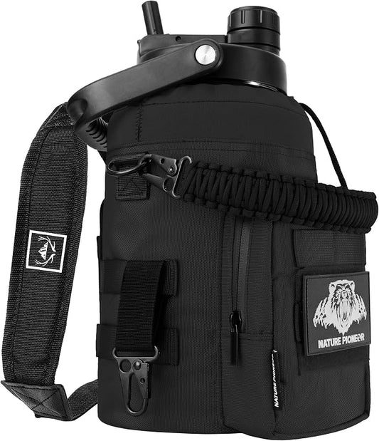 NATURE PIONEOR 128oz/1 Gallon Tactical Water Bottle with MOLLE Bottle Pouch | 18/8 Food-grade Stainless Steel, Double Vacuum Insulation, Wide-Mouth, Straw & Spout Lid, Strap, Camping, Hiking, Gym, Work by NATUREPIONEOR