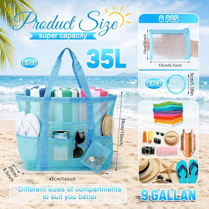 Hillban Large Mesh Beach Bag Bulk for Women Waterproof Sandproof Pool Tote Bag with 8 Pocket Small Zipper Pouch with Ring - Image 2