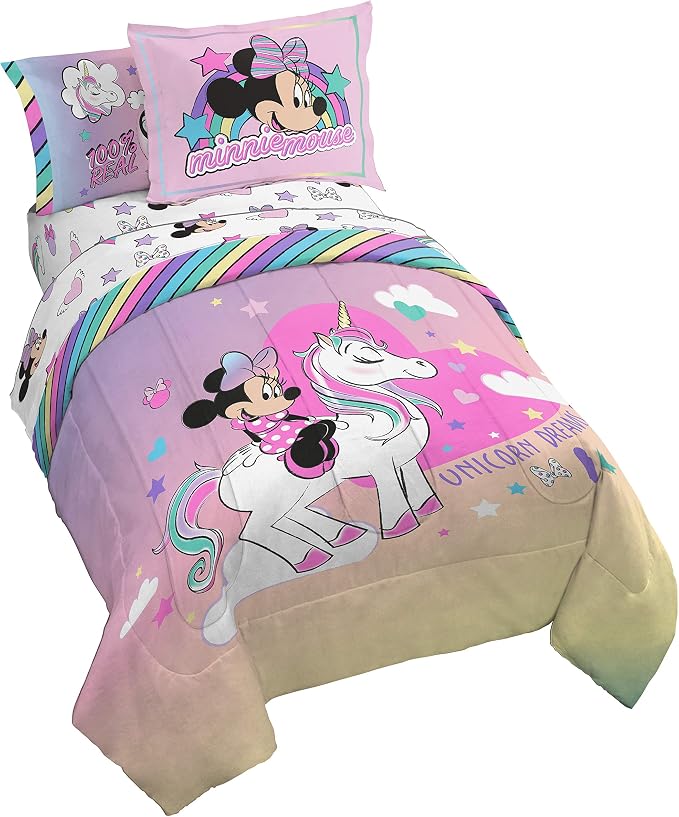 Disney Minnie Mouse Full Size Comforter Set 7 Piece Kids Bedding, Pink | Unicorn, Comforter Sheets Shams Pillowcases, Official Product, Soft Microfiber, Machine Washable, Girls Gift by JayFranco