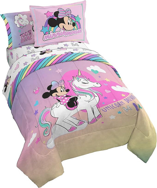 Disney Minnie Mouse Full Size Comforter Set 7 Piece Kids Bedding, Pink | Unicorn, Comforter Sheets Shams Pillowcases, Official Product, Soft Microfiber, Machine Washable, Girls Gift by JayFranco