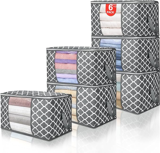 90L Large Storage Bags, 6 Pack Clothes Storage Bins Closet Organizers | Foldable Storage Containers, with Reinforced Handle, for Clothing, Blanket, Comforters, Bed Sheets, Pillows and Toys,Pattern by BuddingJoy-BuildaJoyfulLifeforYou