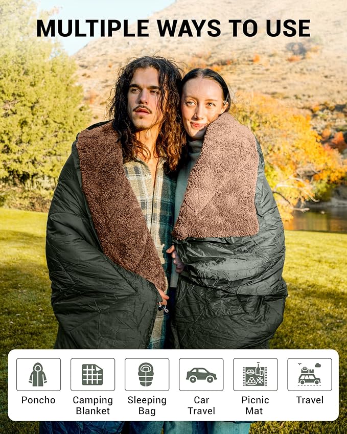 KingCamp Large Camping Blanket with Sherpa Lining, Packable Down Alternative Puffy Printed Wearable Blanket with Snap Buttons, Warm Weatherproof Quilt for Outdoor Travel (79" L x 57" W, Khaki/Olive) - Image 5