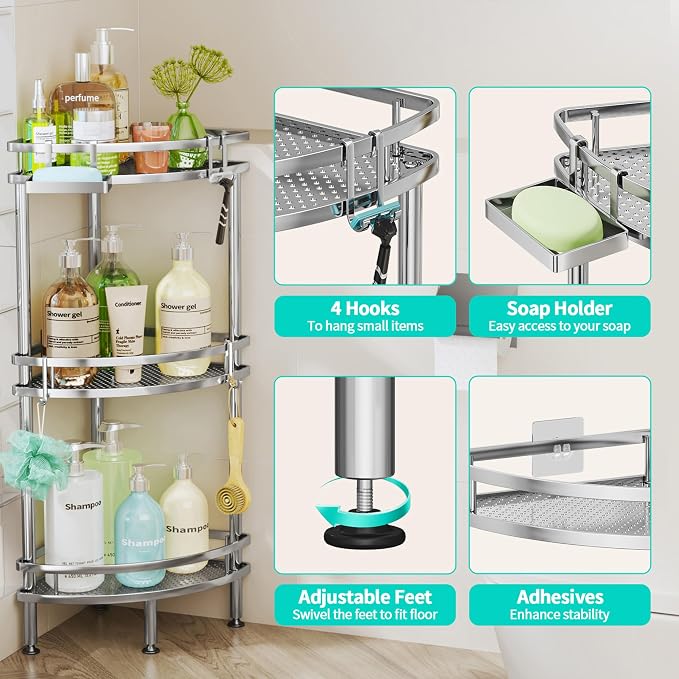 HapiRm Standing Corner Shower Caddy - 3 Tier Shower Organizer Corner with Soap Holder and 4 Hooks, Rustproof Bathroom Storage Shelves with Adhesives, Silver - Image 3