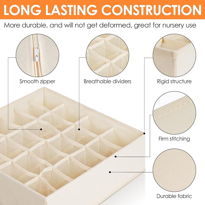 Criusia 6 Pack Sock Underwear Drawer Organizer Dividers, 58 Cell Foldable Fabric Dresser Closet Organizers and Storage Bins for Clothing, Baby Clothes, Bra, Panty, Scarf, Ties (Beige) - Image 5
