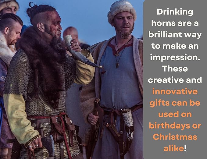 OLDEMPEROR Viking Drinking Horn - 12 Inch with Leather Holster | Handmade Beer Cup | Food Grade | Genuine Ox Horn | Natural Shine Finish | LARP | Viking Chirstmas Gifts for Men & Women