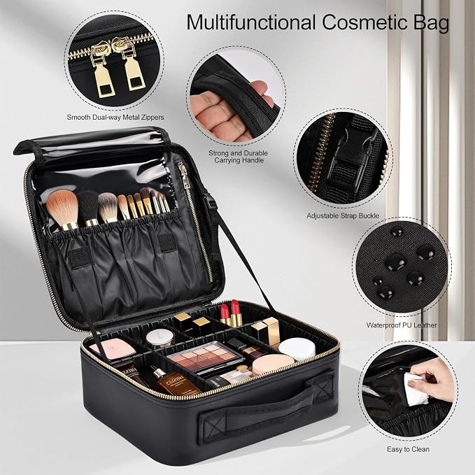 Travel Makeup Bag with Brush Holder, Professional Cosmetic Train Case Organizer for Women, Portable Travel Makeup Brush Carry Case Cosmetic Artist Storage Box with Adjustable Dividers, Leather Black - Image 3