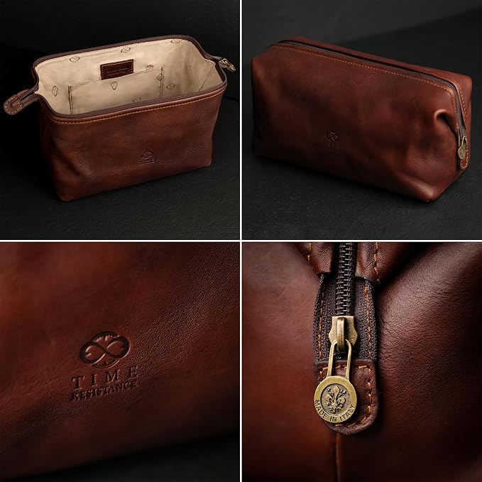 Time Resistance Leather Toiletry Bag - Italian Cosmetic Case Dopp Kit (Brown) - Image 5