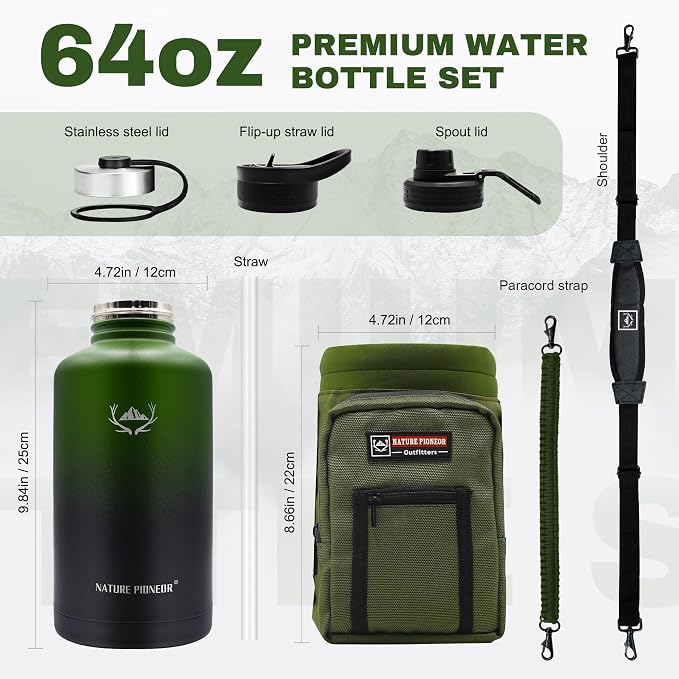 NATURE PIONEOR 64 oz Insulated Water Bottle with Carrier Bag & 3 Lids | 18/8 Food-grade Stainless Steel, Double Vacuum Insulation, 3 Leak-proof Lids, Strap, Camping, Hiking, Gym, Work - Image 6