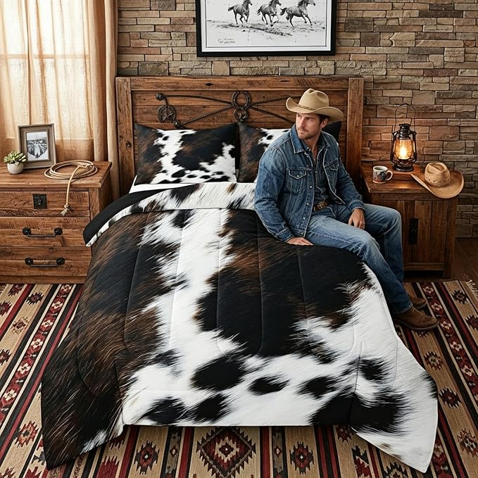 Brown Cowhide Comforter Set King,Black White Aztec Cow Print Bedding Set Western Farmhouse Animal Fur Down Comforter for Kids Boys Girls,Rustic Cowboy Quilt Duvet Set 2 Pillow Cases Bedroom Decor - Image 3