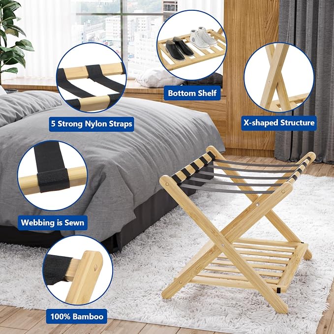 Smuxee Fully Assembled Luggage Rack for Guest Room, Upgraded Bamboo Foldable Suitcase Stand with 5 Nylon Straps, Nature Luggage Holder with Shelf for Bedroom Hotel - Image 4