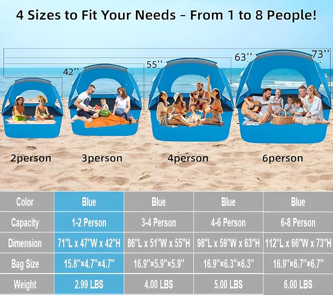 Beach Tent, Portable Sun Shelter for 2/3/4/6-8 Person with UPF 50+ UV Protection, Easy Setup Waterproof Beach Shade Canopy Cabana for Family Outdoor and Picnics, Fishing with Carrying Bag - Image 7