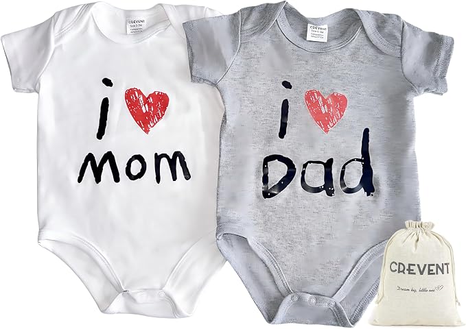 CREVENT Set for Newborns 0-3 Month 100% Cotton Bodysuit- I Love Dad & Mom Onesie 2 Packs (Grey & White Rompers with a Cotton Gift Bag) by CREVENT