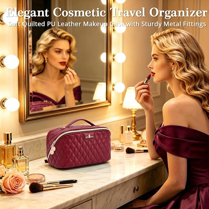 Travel Makeup Bags Cosmetic Organizer: 3Pcs Set Puffy Make up Bag for Women | Red Premium Quilted ELEGANCE Design | Large Capacity Leather Toiletry Bags | Wide Open Compact Case for Travel Essentials - Image 3