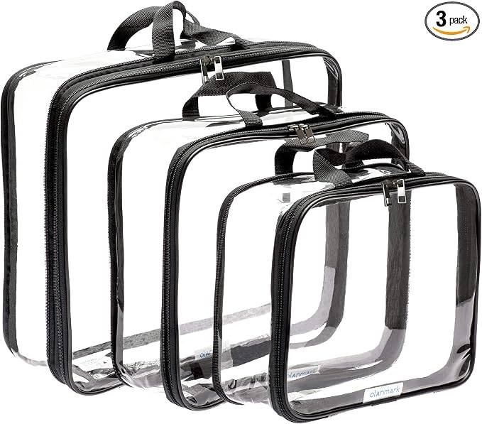 Clear Compression Packing Cubes 3 Set - Large See-Through Plastic Suitcase Bags for Travel - Luggage Compressable Organizers - Transparent PVC Collapsible Cosmetic Bag for Backpack Black by Olanmark