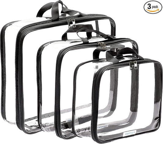 Clear Compression Packing Cubes 3 Set - Large See-Through Plastic Suitcase Bags for Travel - Luggage Compressable Organizers - Transparent PVC Collapsible Cosmetic Bag for Backpack Black by Olanmark