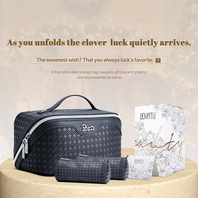 BOYATU Travel Makeup Bag for Women: Four Leaf Clover Large Capacity 3 Pcs Set Cosmetic Bags - Waterproof 50% Extra Space for Toiletry Organizer - Travel Essentials for Fortunate (08 Blue) - Image 7