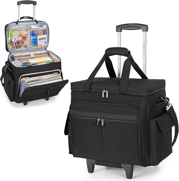 Trunab Rolling Scrapbook Tote with File Pocket & Trolley, Craft Organizer | Expandable File Pocket, Detachable Trolley, Padded Sleeves for 15.6" Laptop, Scrapbooking Supplies & Art Tools by Trunab
