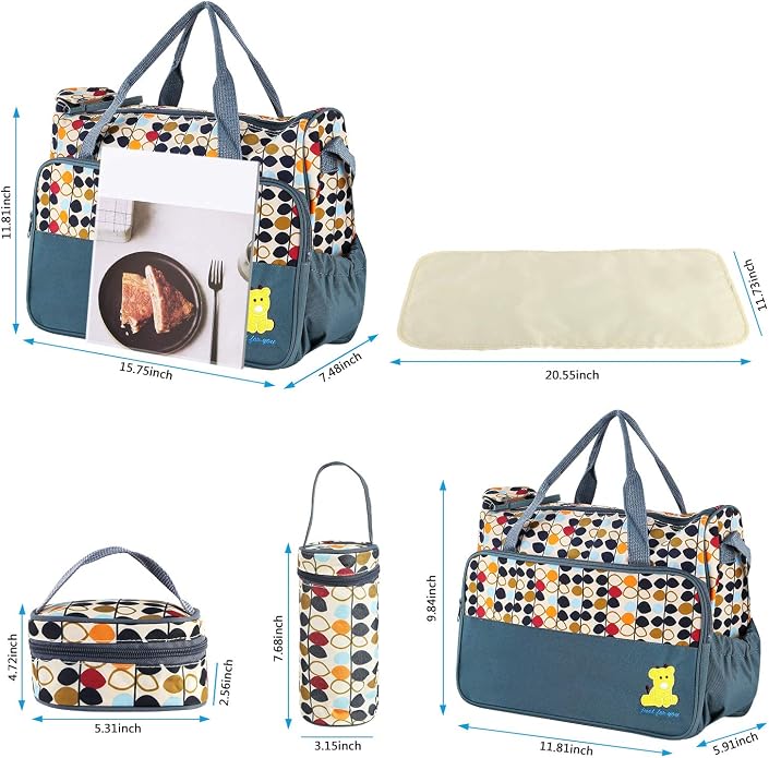 Diaper Bag Tote, Baby Bag for Girls and Boys, 5 Piece Set with Large Medium Tote Bag, Food Bag, Bottle Bag and Changing Pad, Shoulder Straps - Image 4