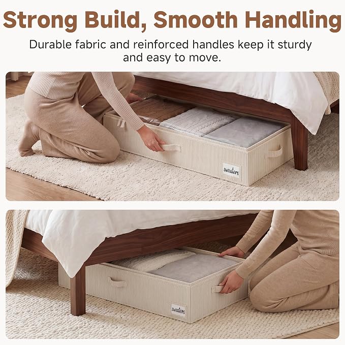 StorageWorks Large Under Bed Storage Containers with Handles and Label Holder, 2 Pack Ultra-thick Fabric Underbed Bins, White and Black Stripes - Image 4