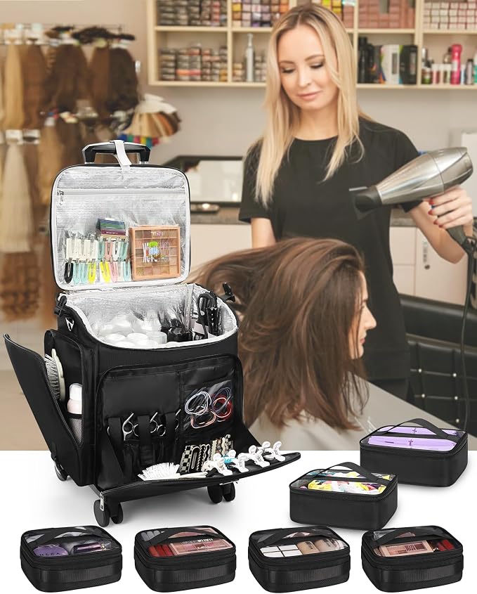 Relavel Rolling Makeup Case, Hair Tools Travel Bag Cosmetology Case on Wheels with 6 Clear Bags, Professional Hairstylist Bag Makeup Artist Storage Train Case Barber Organizer with 360° Spinner Wheels - Image 2