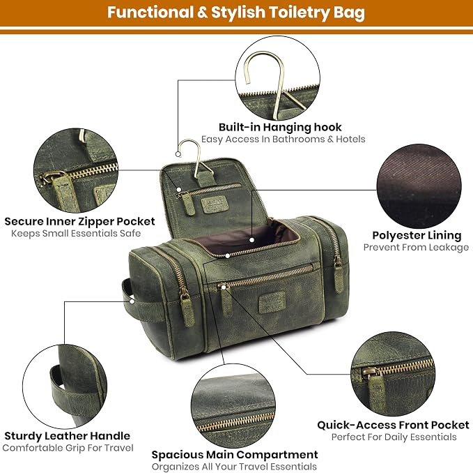 LEATHER VILLAGE Genuine Leather Travel Dopp Kit for Men & Women – Water-Resistant Large-Capacity Hanging Toiletry Bag for Travel, Grooming, Bathroom Organization, Shaving Essentials & Gym Use - Olive - Image 4